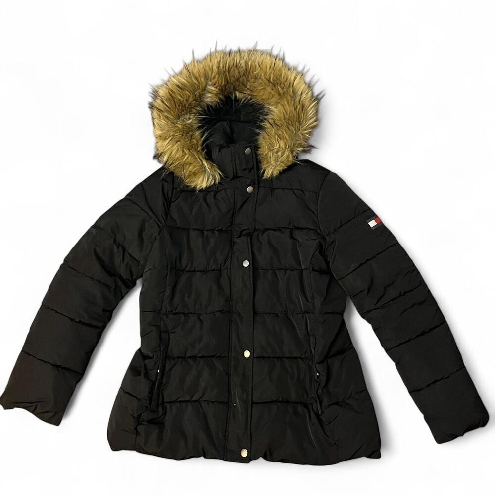 Tommy Hilfiger Black Puffer Coat w/ Faux Fur Hood
